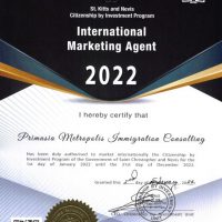 St. Kitts and Nevis Citizenship by Investment International Marketing Agent Certificate for 2022