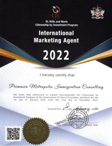 St. Kitts and Nevis Citizenship by Investment International Marketing Agent Certificate for 2022