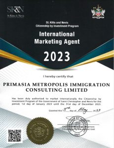 St. Kitts and Nevis Citizenship by Investment International Marketing Agent Certificate for 2023